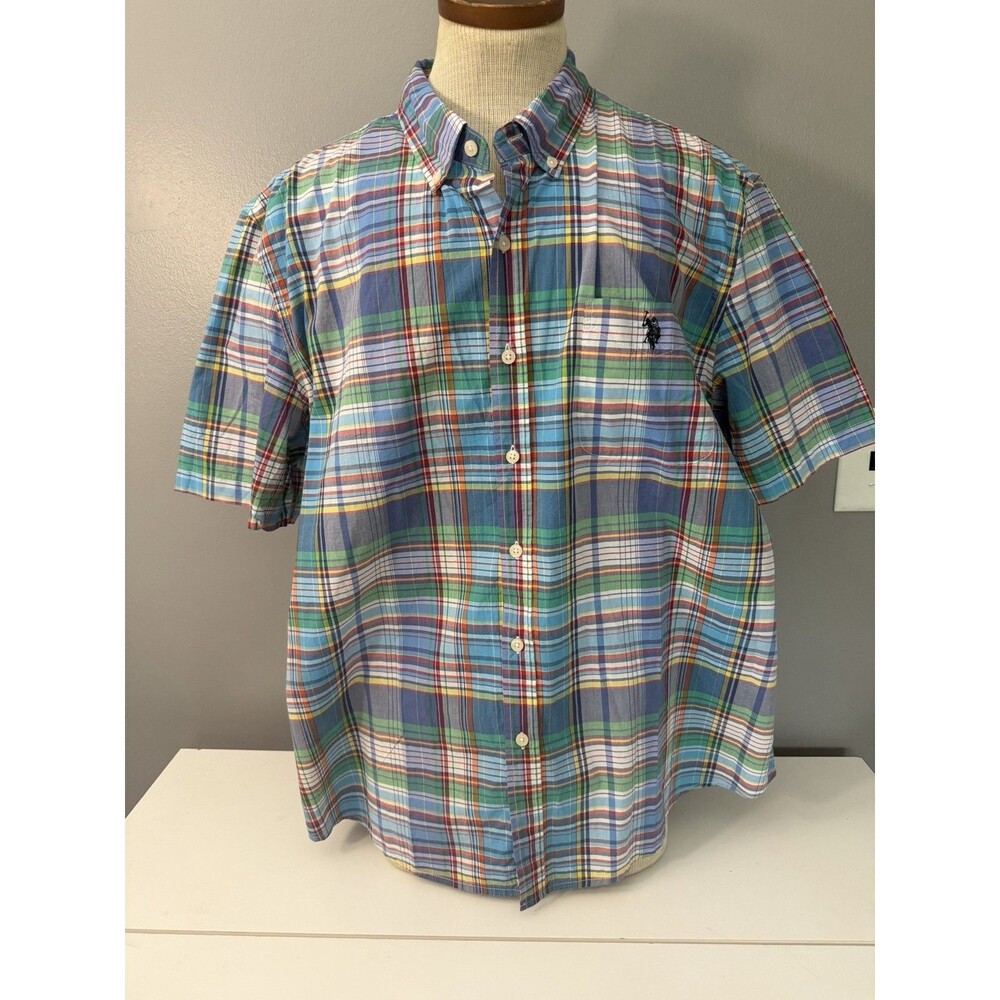NWT US Polo Assn. Men's Short Sleeve Plaid Cotton Button Down Size 2XL New